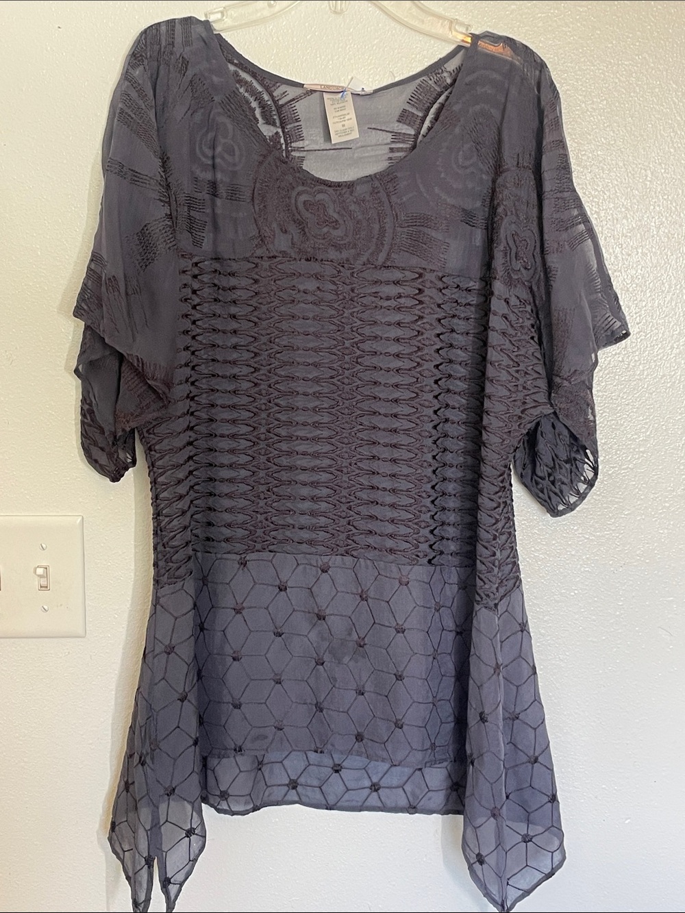 Language Blue Embroidered Sheer Tunic Top